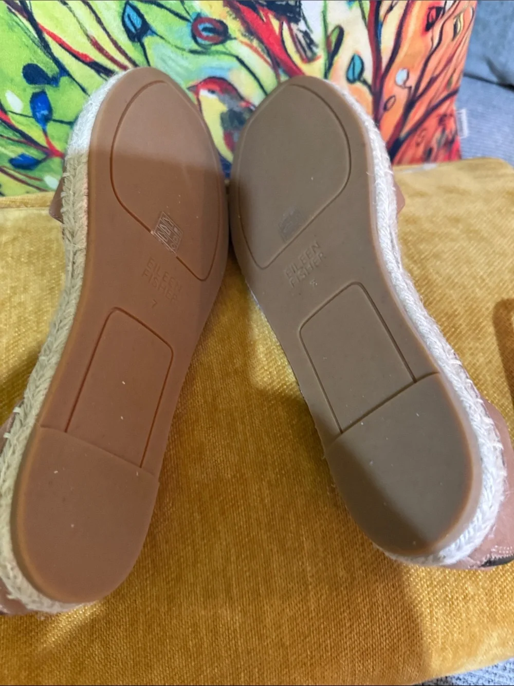 Eileen Fisher Tan Espadrille Ankle-Strap Flats with Natural Rope Trim